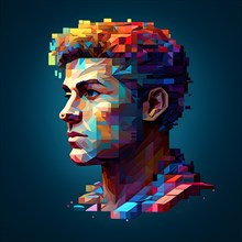 AI generated male human head digitalised in pixel art style presenting a mosaic of vibrant hues in