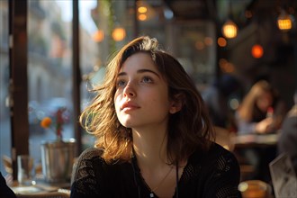 Contemplative young woman at a cafe with warm ambient lighting, AI generated