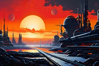 AI generated industrial futuristic landscape merging with ecopunk aesthetics in red colors