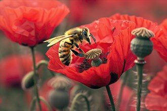 Honeybee foraging a red poppy, AI generated