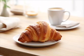 Croissant on plate with coffee in background. KI generiert, generiert, AI generated