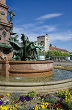 Mendebrunnen and Krochhochhaus, Leipzig, Augustusplatz, Leipzig, Saxony, Germany, Europe