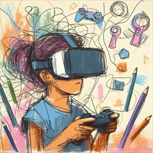 Colorful illustration of a child immersed in gaming with virtual reality equipment, AI generated