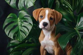 Dog puppy sitting between tropical houseplants. KI generiert, generiert, AI generated