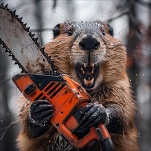 A beaver humorously holds a running chainsaw in its paws, AI generated