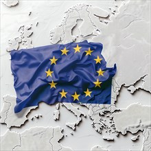 Crumpled EU flag over 3D map of Europe in monochrome colours, AI generated