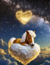 Whimsical illustration of a chestnut horse resting on a fluffy, star-studded cloud shaped like a