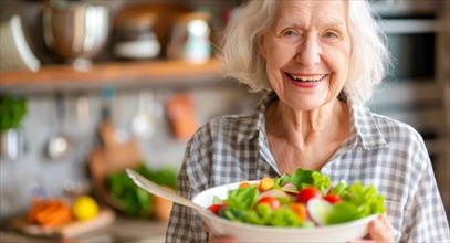 A senior aged woman is holding a healthy salad bowl in a kitchen. She is smiling and she is happy,