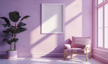 A blank image frame mockup on a soft lilac wall AI generated