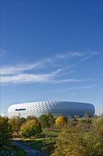 Allianz Arena, football stadium of FC Bayern Munich, Froettmaning, blue sky, space for text,