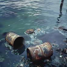 Rusty barrels partially under water, surrounded by waste, show environmental damage, pollution,