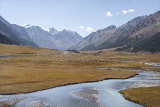 Landscape with high mountains and glaciers in the Tien Shan, mountain valley, Issyk Kul,