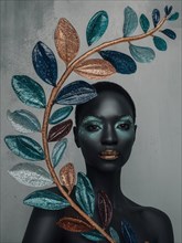 Artistic portrait of a woman adorned with metallic-finish leaves, AI generated