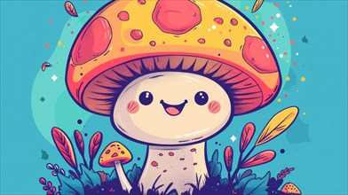 A playful cartoon mushroom with a happy face, set against a dotted background with autumn leaves,