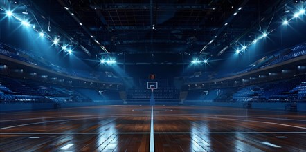 Sport arena before the game. The basketball court is empty and lit up with bright lights, AI