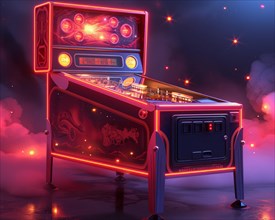Digital artwork of a retro neon-lit pinball machine set against a starry background, AI Generated,
