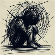 Dark abstract sketch symbolizing despair with a lone figure encircled by chaotic lines, AI