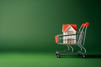 Real estate shopping concept, a house is a shopping cart on green background, AI generated