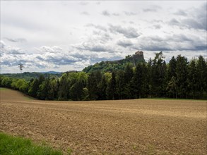 Farmland, behind Riegersburg with lift, Riegersburg, Styrian volcanic region, Styria, Austria,
