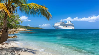 A large cruise ship docked near popular vacation resort. The scene is serene and relaxing, with the