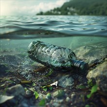 A plastic bottle floats in an otherwise clear mountain lake, representing pollution, pollution,