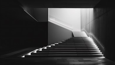 Minimalist black and white photo of a contemporary staircase with angles and light play, AI