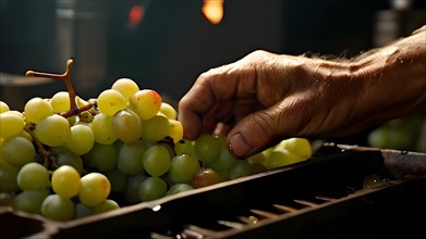 AI generated close up of workers hands delicately select ripened clusters of ripe grapes