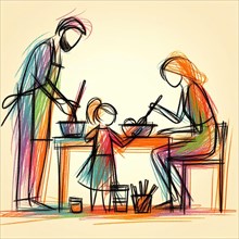 Abstract illustration of a mother and child cooking together, AI generated