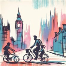 Abstract sketch of a family bike ride through a city with iconic landmarks, AI generated