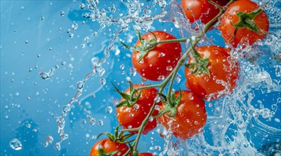 Fresh tomatoes floating in water. A concept of vegetarian lifestyle and vegetarian diet, AI