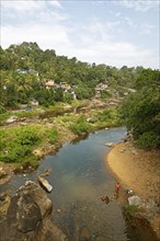 Indian people washing clothes in the Periyar River, Mundakayam, Kerala, India, Asia