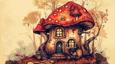 Autumn-inspired fantasy illustration of a house within a red mushroom, AI generated