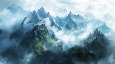Tranquil green mountains peek through clouds and mist, highlighting the lush, rugged terrain, AI