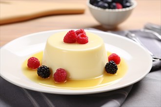 Vanilla pudding with berry fruits and sauce. KI generiert, generiert, AI generated