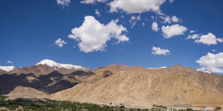 Panorama over Leh and the Indus Valley to the Indian Himalayas, Ladakh, Jammu and Kashmir, India,