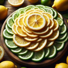 Fresh and vibrant display of thinly sliced lemons and limes, artfully arranged on a rustic wooden