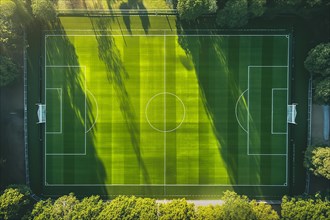 Aerial bird eye top down view of a soccer football field, AI generated