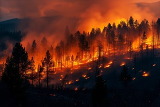 View of a forest fire is raging through a forest, with smoke and flames visible in the air. The