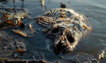 Dead marine life floating in polluted waters AI generated