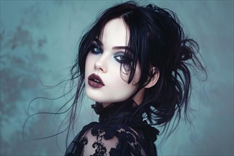 Young woman in gothic style in front of blue studio background. KI generiert, generiert, AI