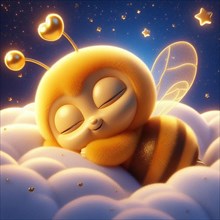 A cartoon bee character asleep in an astronaut costume among clouds with stars and hearts, AI
