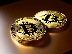 Symbol image for Bitcoin, cryptocurrency, close-up, two golden coins in front of blurred bokeh, AI
