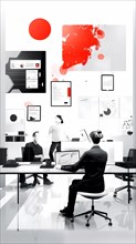 A modern grayscale office environment with a collaborative meeting space accented with red,