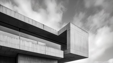 Monochrome photo of a modern concrete building with a geometric design under a dynamic cloudy sky,