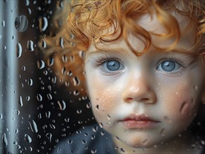 Bad weather, child looks sadly outside through a rainy window pane, AI generated