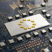 EU symbol on an electronic circuit as a metaphor for technological integration, AI generated