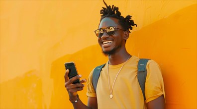 Black young positive man with dreadlocks is smiling and standing in front of the building wall.