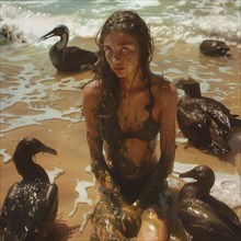 Young girl surrounded by oil-polluted Birds by the sea, a combination of innocence and tragedy, AI