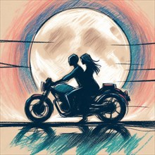 Woman riding a motorcycle in moonlit night expressing freedom, AI generated