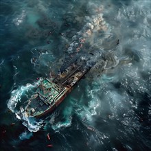 A sinking ship leaks oil into the sea, lifebuoys and debris drift around, pollution, environmental